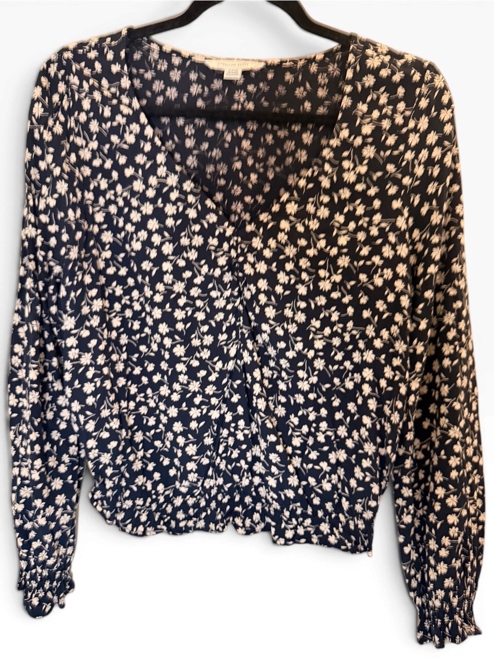 (Size S) American Eagle Navy Floral V-Neck Smocked Waist Peplum Blouse